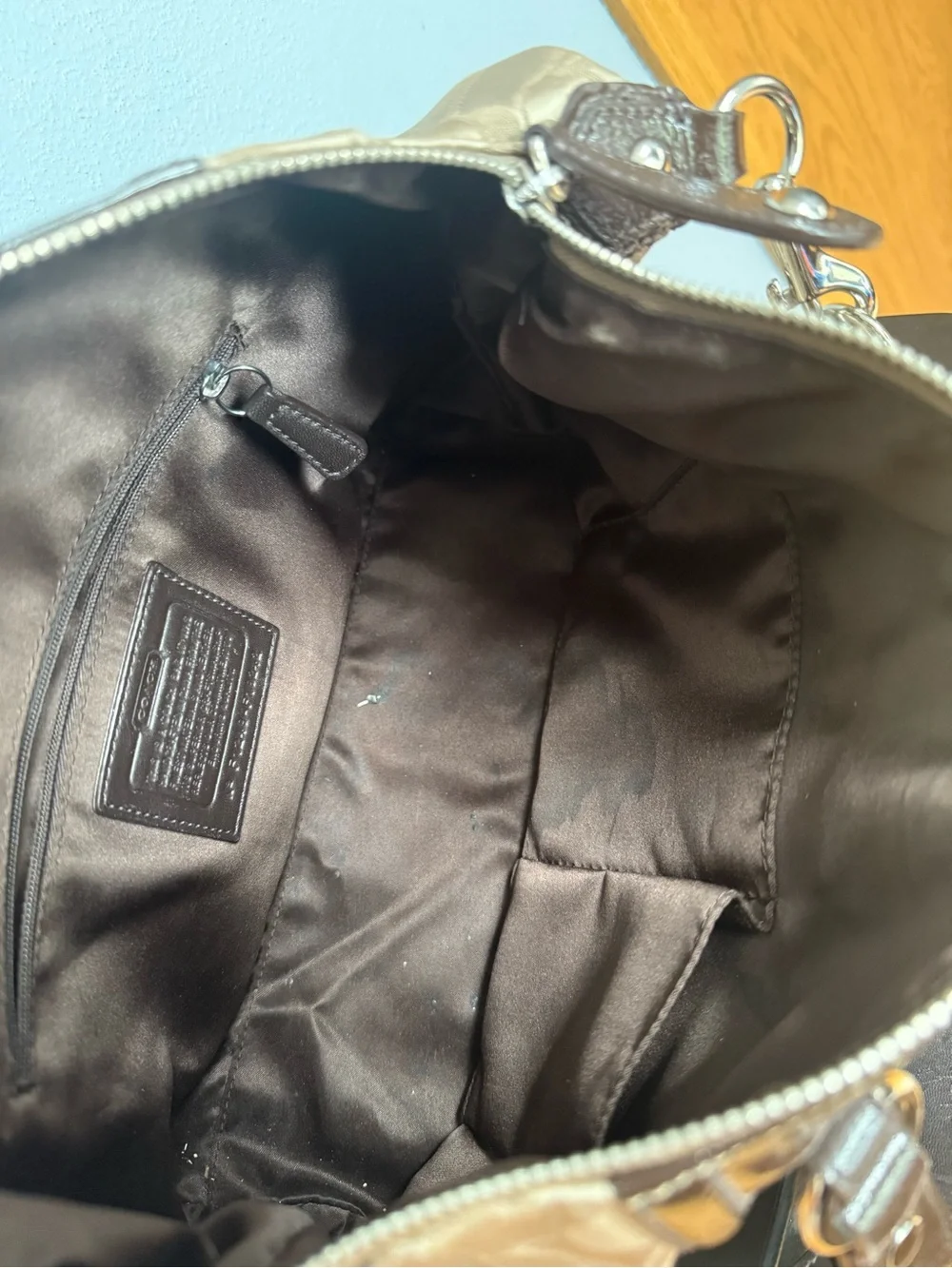 Coach Two-Tone Signature Satchel in Brown and Tan